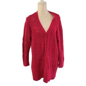 Liz Claiborne 2XL Pink Button Front Long Crocheted Cardigan Boho Cottagecore